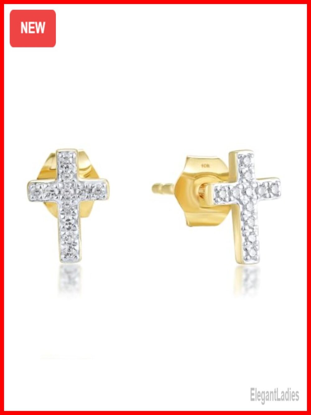10K Solid Gold Diamond Cross Stud Earrings for Women